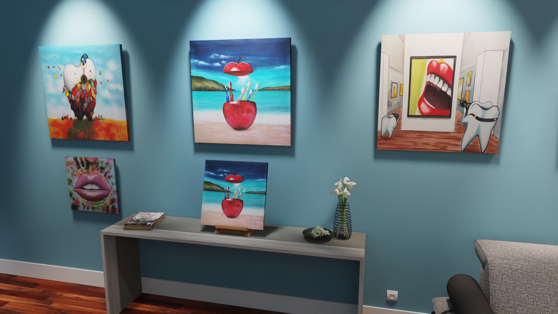 Peinture acrylique sur toile dédiée au thème dentaire - Pomme dentaire